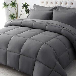 Queen Comforter Set 7 Piece Bed in a Bag Soft Down Alternative Dark Grey